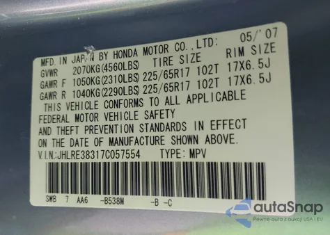 2007 Honda Cr-V Lx из США, поврежденный, VIN JHLRE38317C057554